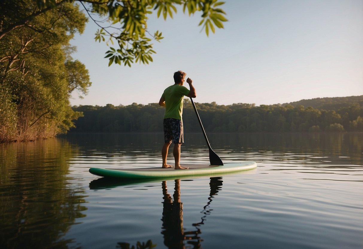 Paddleboard on calm water with insects buzzing around. Use insect repellent and wear light-colored clothing. Stay still and avoid sudden movements. Keep food sealed and dispose of trash properly. Be mindful of insect habitats