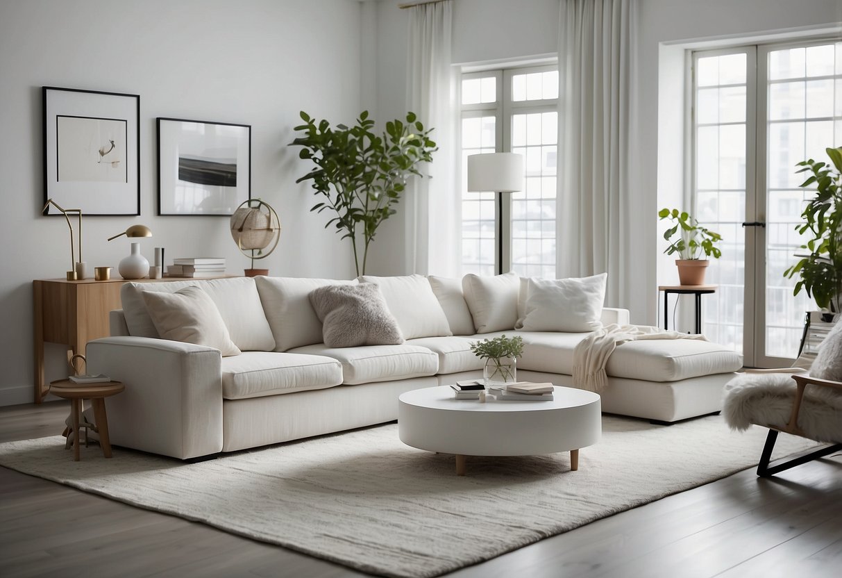 A bright, spacious room filled with sleek, modern white furniture from IKEA. Clean lines, minimalistic design, and a sense of calm and simplicity