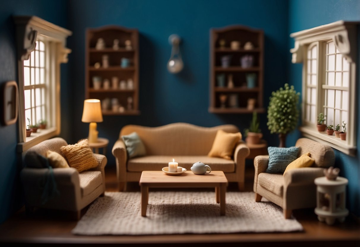 A tiny table with chairs, a miniature bed, and a little sofa fill the dollhouse room. Tiny lamps and rugs add a cozy touch