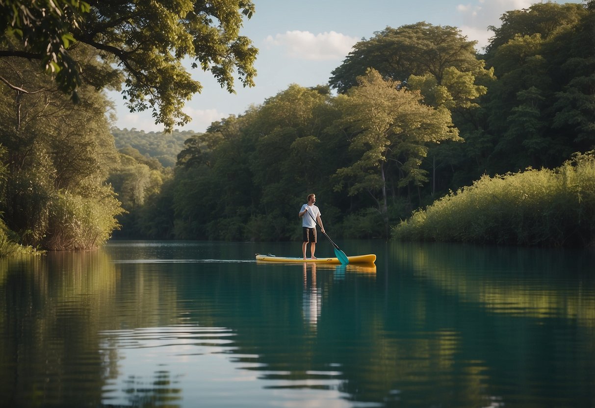 A paddleboard floats on calm water, surrounded by lush greenery. Insects buzz around, but the area is free of stagnant water