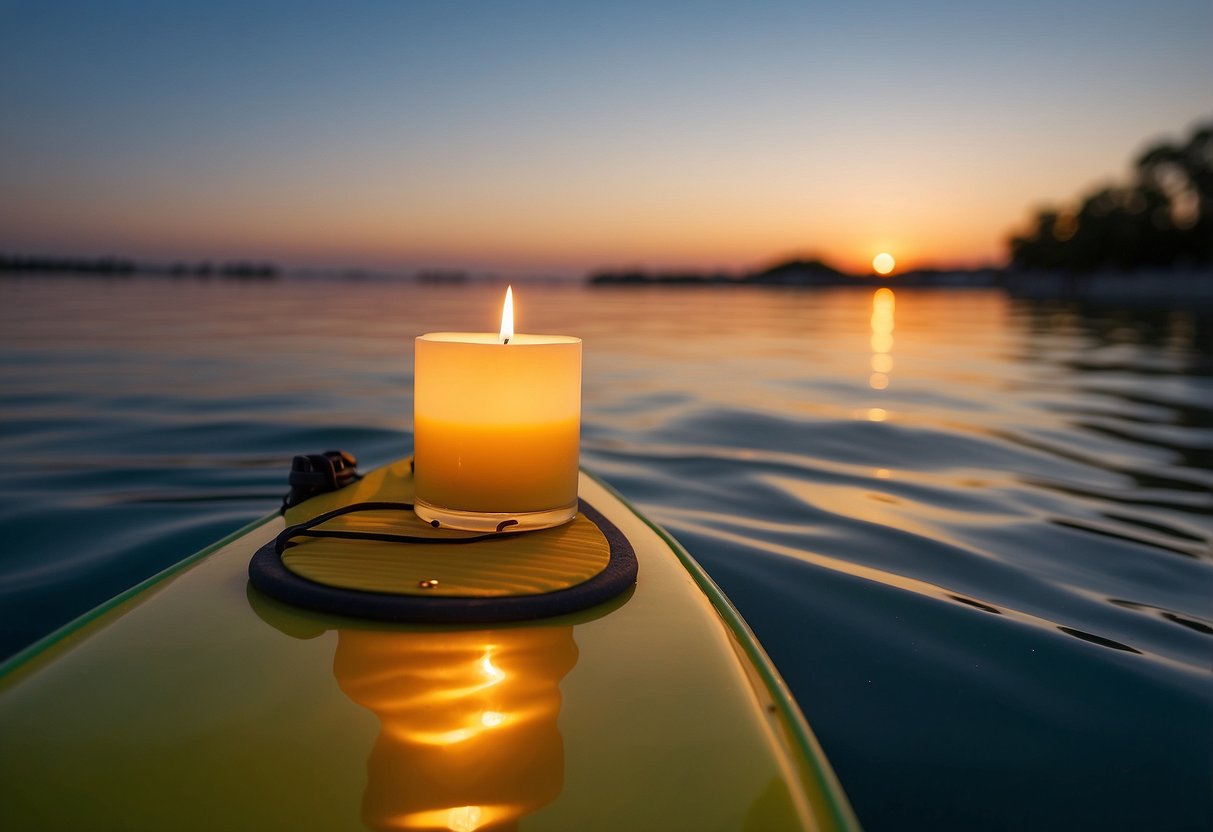 A citronella candle sits on a paddleboard, surrounded by calm water and a beautiful sunset