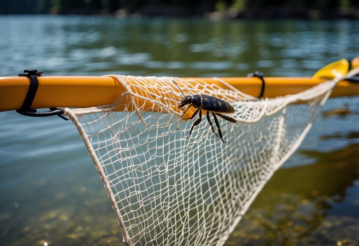 A bug net is being installed on a kayak, ready for a paddleboarding adventure