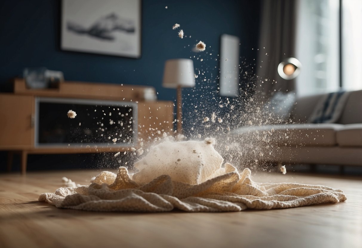 Furniture being dusted with a cloth, particles floating in the air