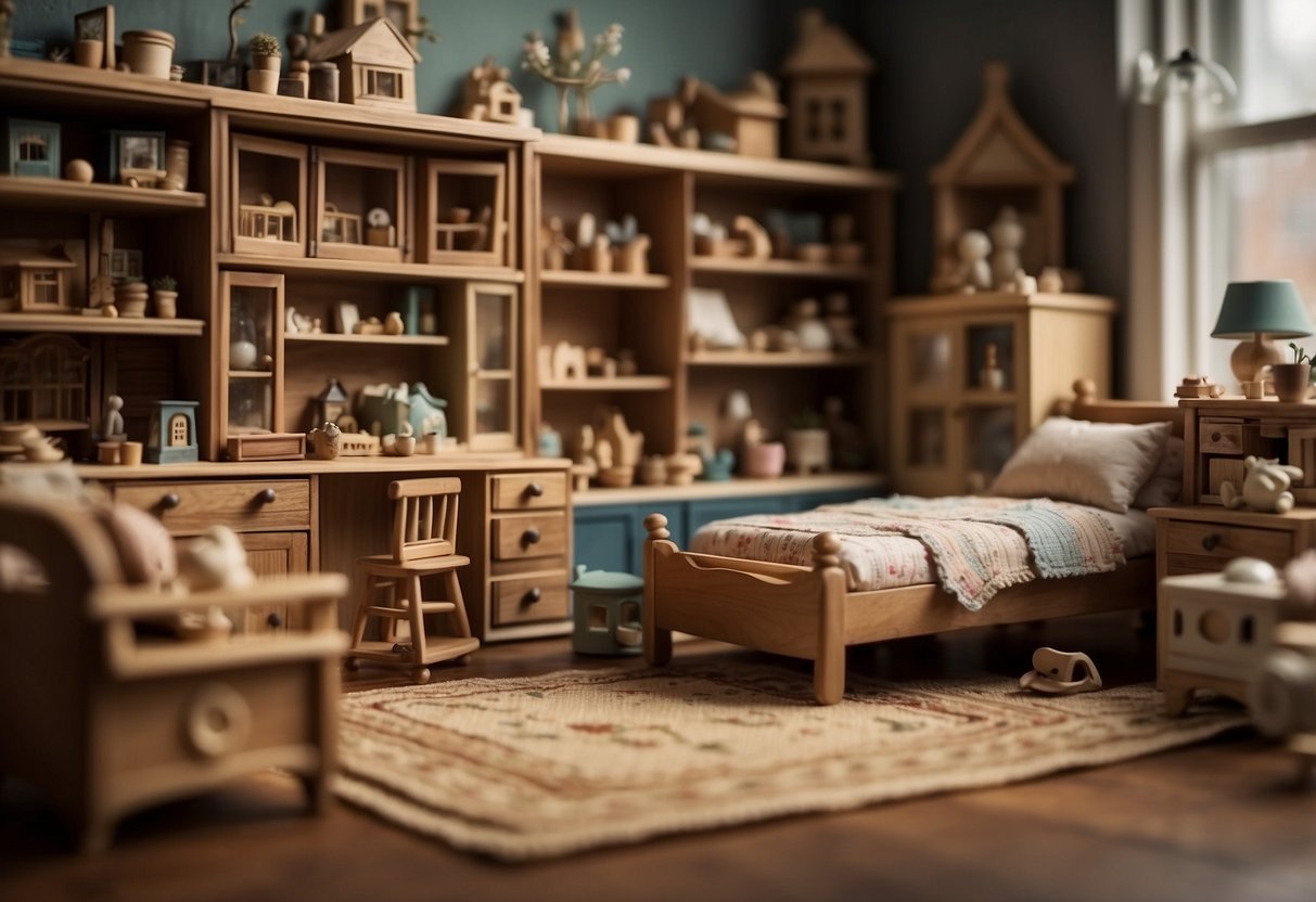 A cluttered room with various dollhouse furniture pieces scattered on the floor and shelves, showcasing a diverse range of styles and designs