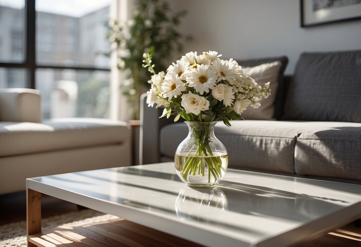 A clean, modern living room with white furniture. A vase of fresh flowers sits on a coffee table. Sunlight streams through the window, casting a soft glow on the pristine surfaces