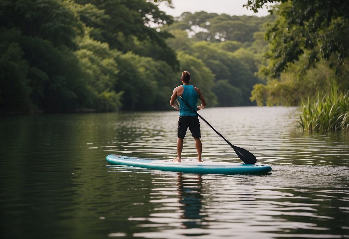 A paddleboard glides across rippling water, surrounded by lush greenery. Insects buzz around, but the paddler remains focused and undisturbed