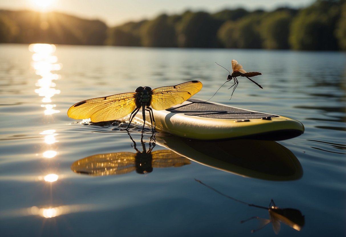 A paddleboard floats on calm water, surrounded by buzzing insects. A dragonfly hovers near the board, while a beetle crawls along the edge. The sun shines brightly, casting a warm glow on the scene