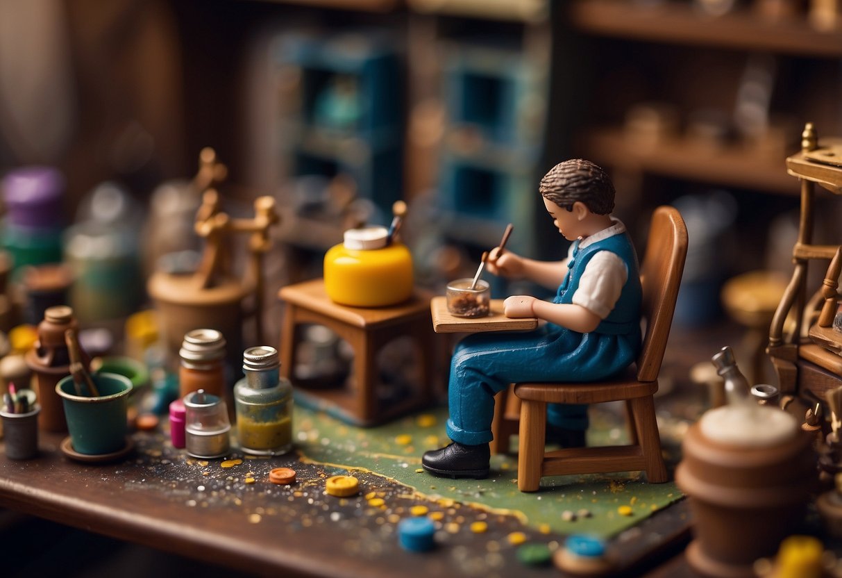A miniaturist paints tiny chairs and tables with intricate designs for a dollhouse. Tiny paintbrushes and colorful paints cover the workbench