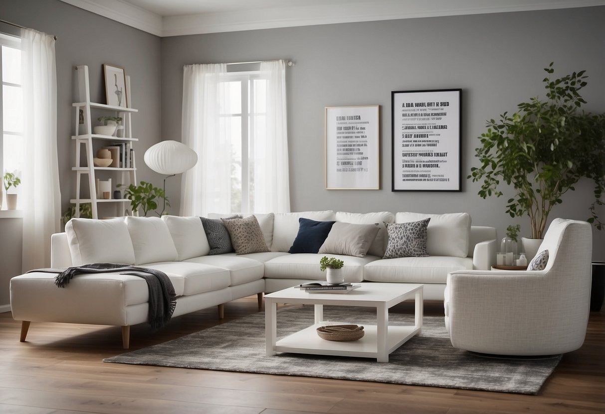 A white IKEA furniture set surrounded by question marks and a list of frequently asked questions