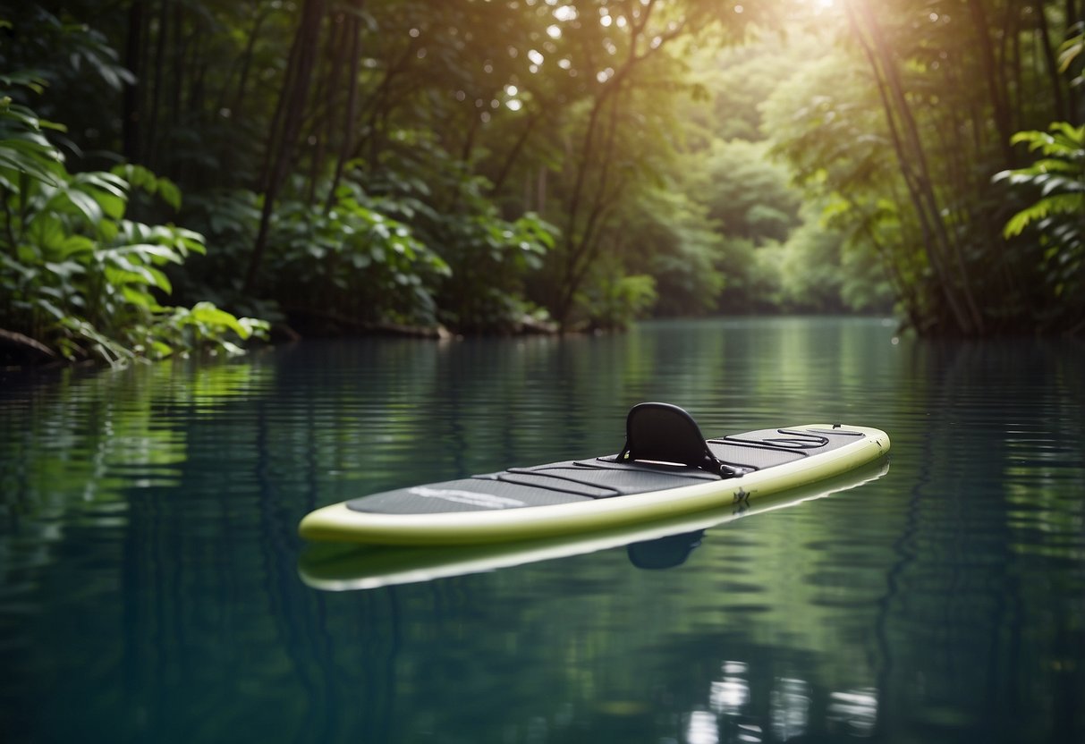 A paddleboard floats on calm water, surrounded by lush greenery. Insects buzz around, but the board is equipped with insect repellent and a net to keep them at bay