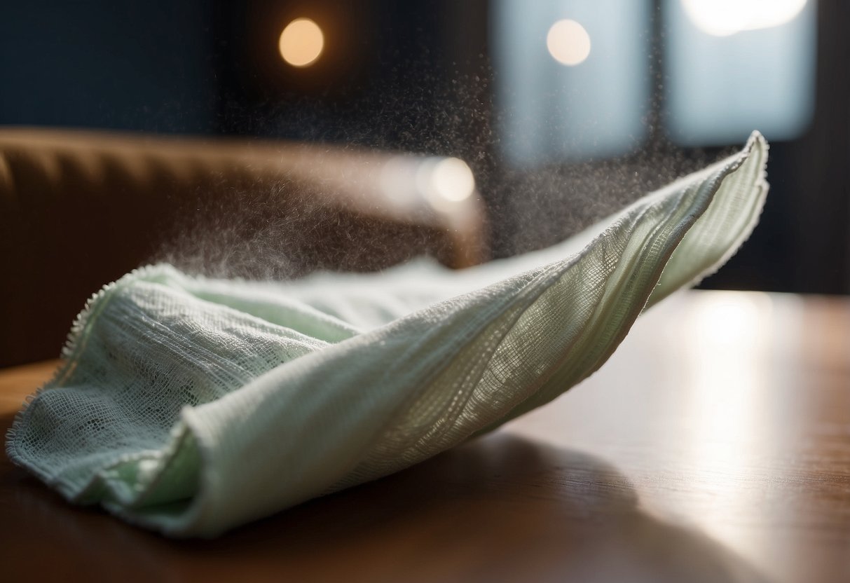 A soft cloth dusts the furniture, capturing particles in the air