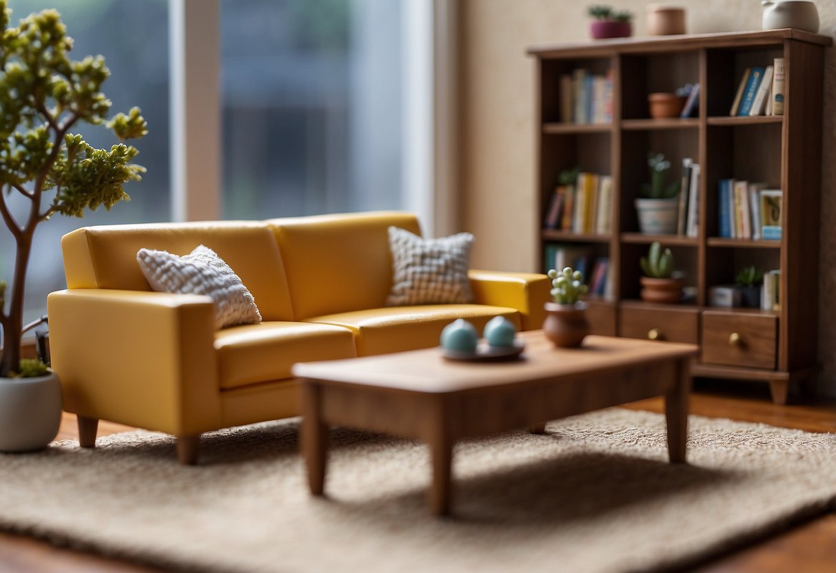 A miniature dollhouse living room with a sofa, coffee table, and bookshelf. The furniture is neatly arranged and scaled down to fit the small space