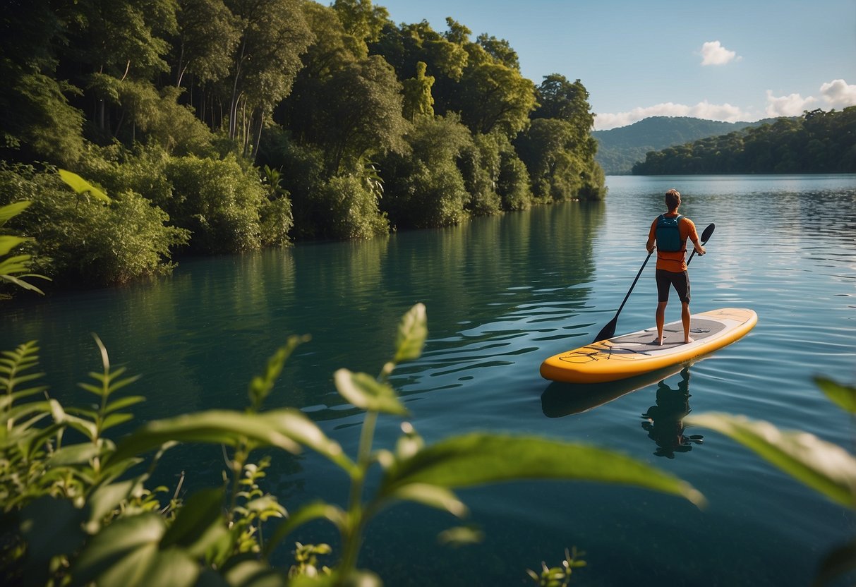 A paddleboard floats on calm water, surrounded by lush greenery. Insects buzz around, and the boarder follows safety tips to avoid them