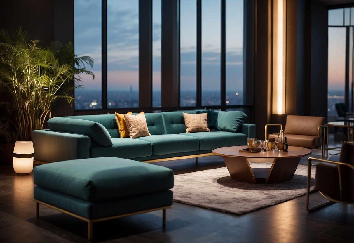 A sleek, modern lounge area with stylish furniture and warm lighting, creating an inviting atmosphere for guests in a hospitality setting