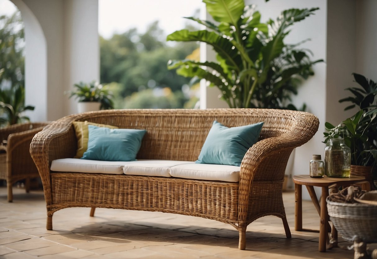 Wicker furniture being painted with a brush and can of paint