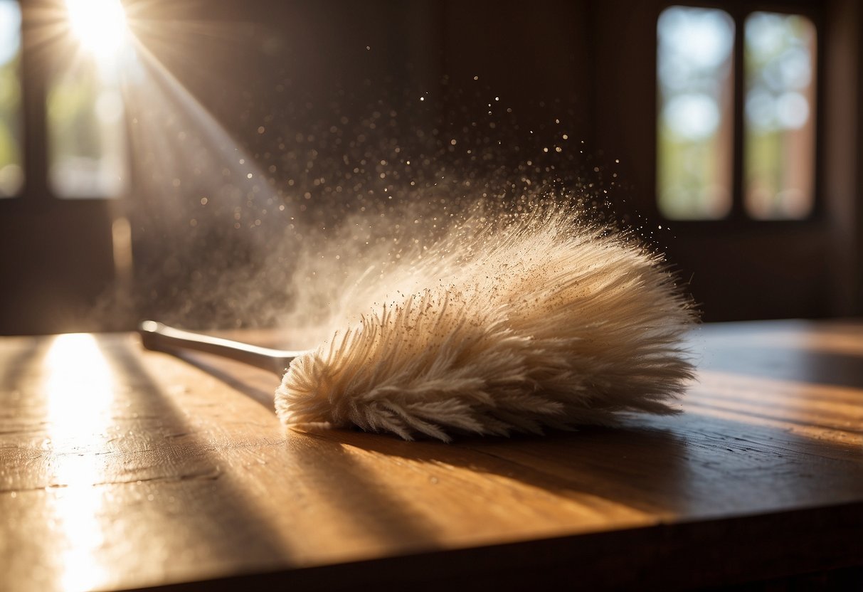 A duster glides over a wooden table, removing a thin layer of dust. Sunlight streams through the window, highlighting the particles as they are swept away