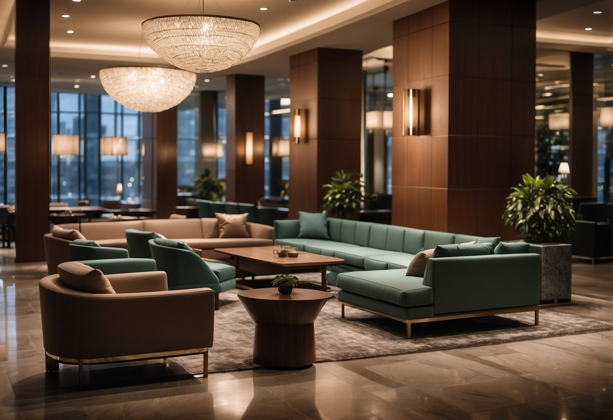 A hotel lobby with modern, comfortable seating arrangements and sleek tables. The space is well-lit and exudes a welcoming atmosphere