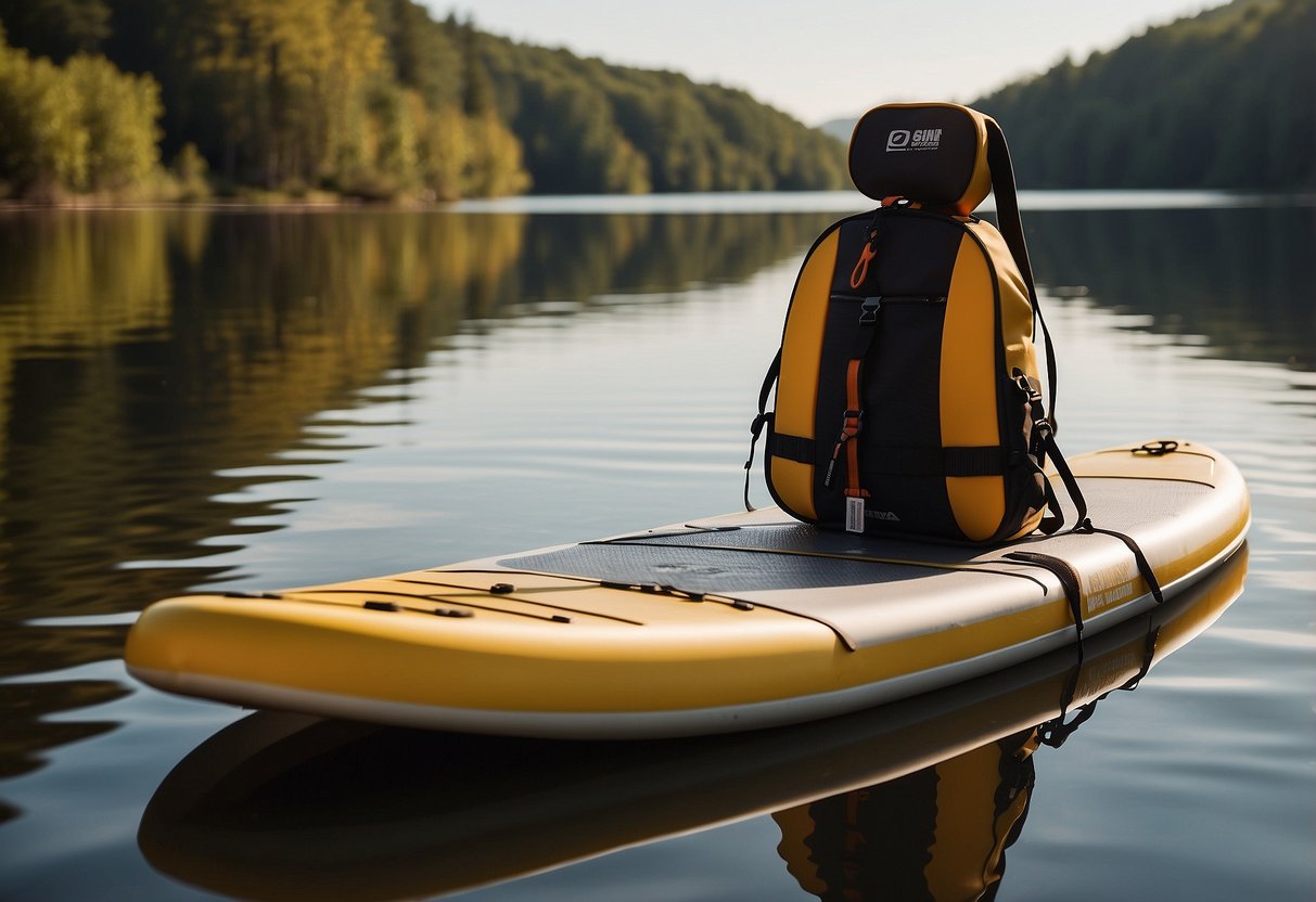 A paddleboard rests on a tranquil lake, with a compact first aid kit placed next to it. The sun shines down, highlighting the lightweight and portable nature of the kit