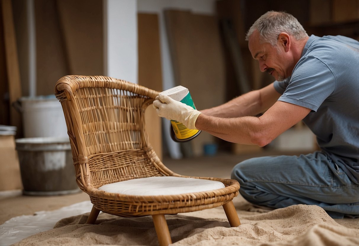 A wicker chair sits on a drop cloth, surrounded by sandpaper, primer, and paint. A person is seen sanding the chair, preparing it for painting
