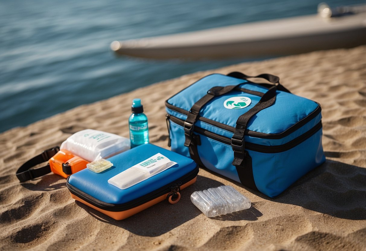 A bright blue first aid kit sits on a paddleboard, next to a water bottle and sunscreen. The sun is shining, and the water is calm