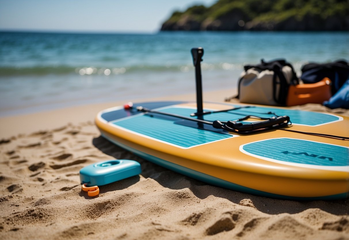 A paddleboard lies on a sandy beach, surrounded by clear blue water and lush greenery. Nearby, a compact first aid kit is open, displaying its contents