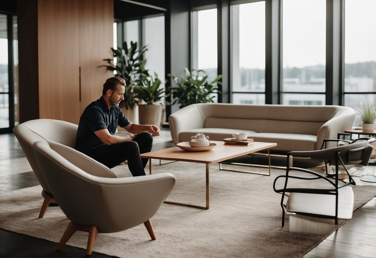 A designer arranging modern furniture in a sleek, open-concept hospitality space. Clean lines, neutral colors, and comfortable seating create an inviting atmosphere