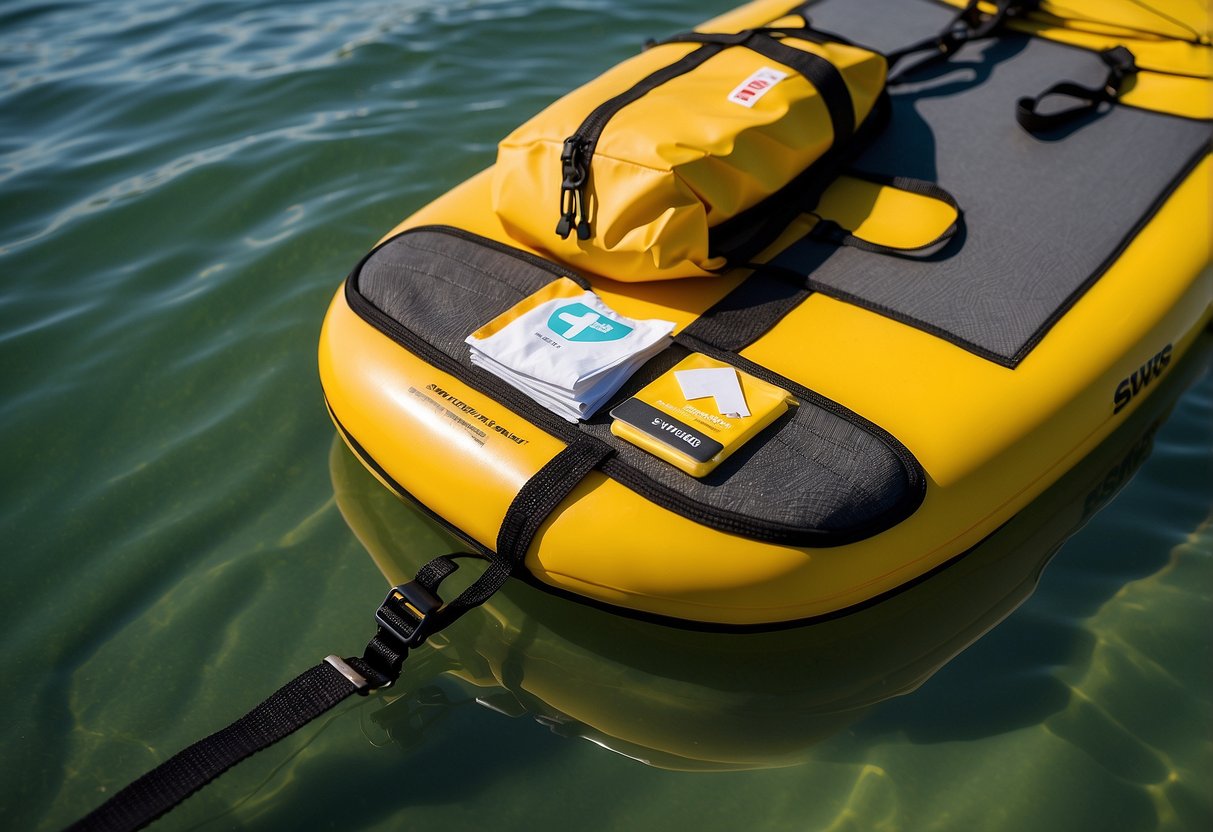 A bright yellow waterproof bag sits on a paddleboard, labeled "Swiss Safe 2-in-1 First Aid Kit." The sun shines on the calm water in the background