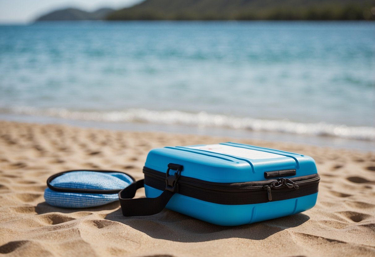 A bright blue DeftGet First Aid Kit sits on a paddleboard, with the ocean in the background. The kit is compact and lightweight, perfect for outdoor activities