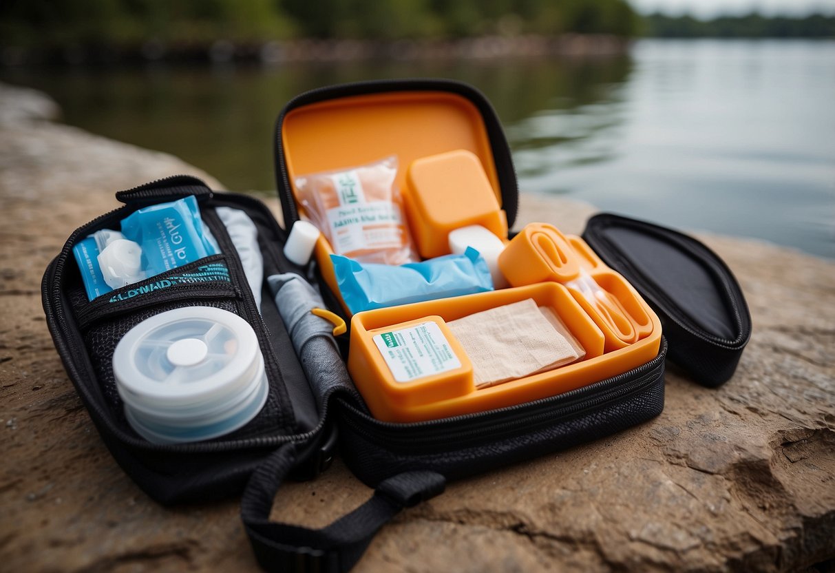 A compact first aid kit with bandages, antiseptic wipes, and medical tape, designed for paddleboarding