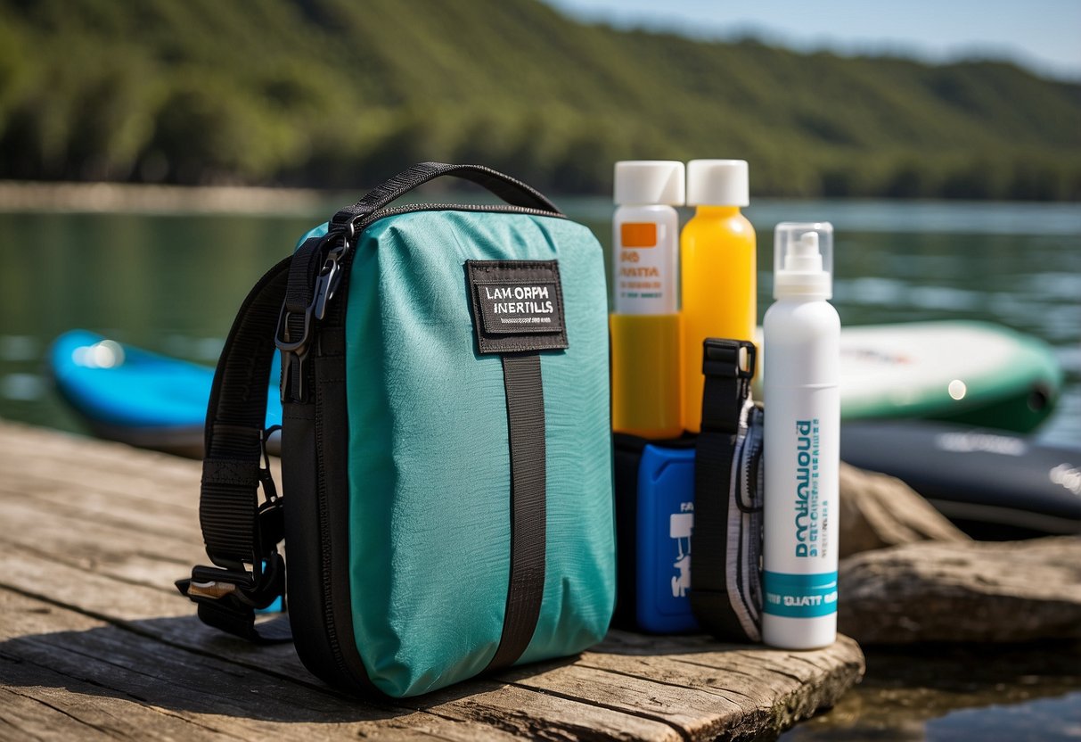 A paddleboarder easily carries a compact first aid kit, showcasing its lightweight and portable design. The kit includes essential supplies for outdoor emergencies