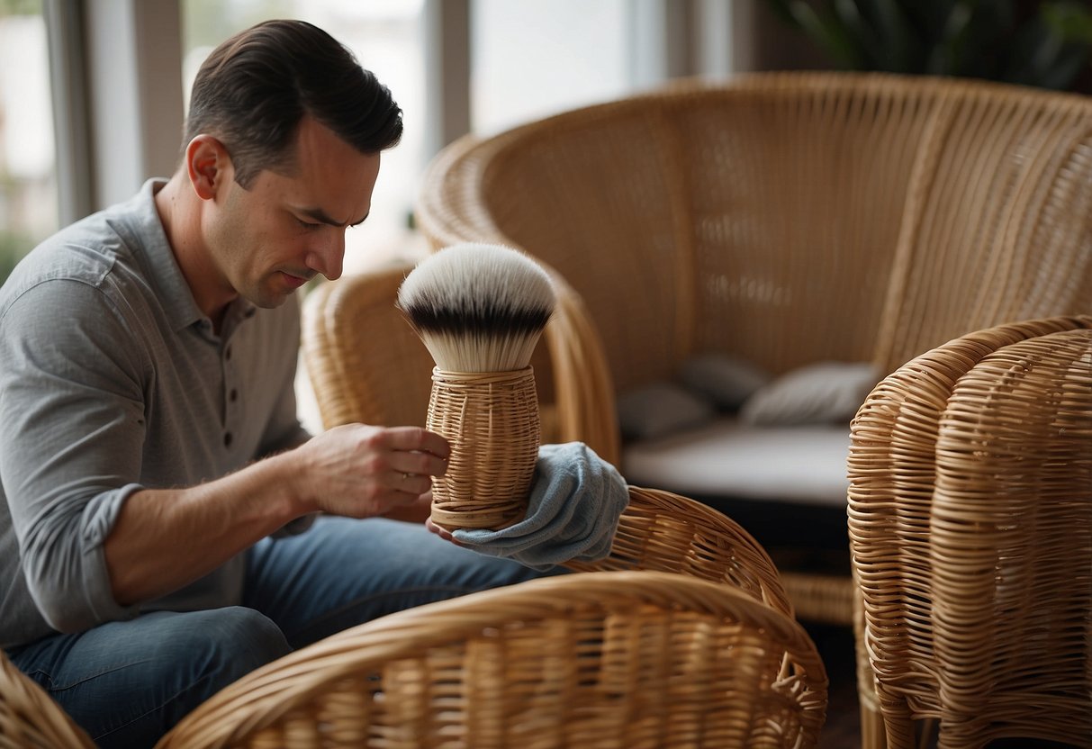 An artist is applying primer to wicker furniture, using a brush to cover each intricate detail with smooth, even strokes