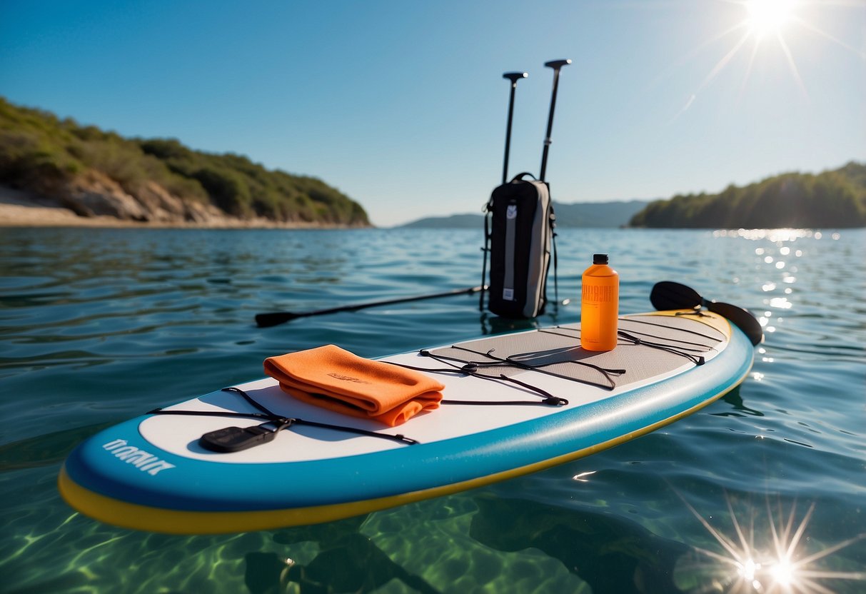 A paddleboard with a lightweight first aid kit secured to the front, surrounded by calm waters and a clear blue sky