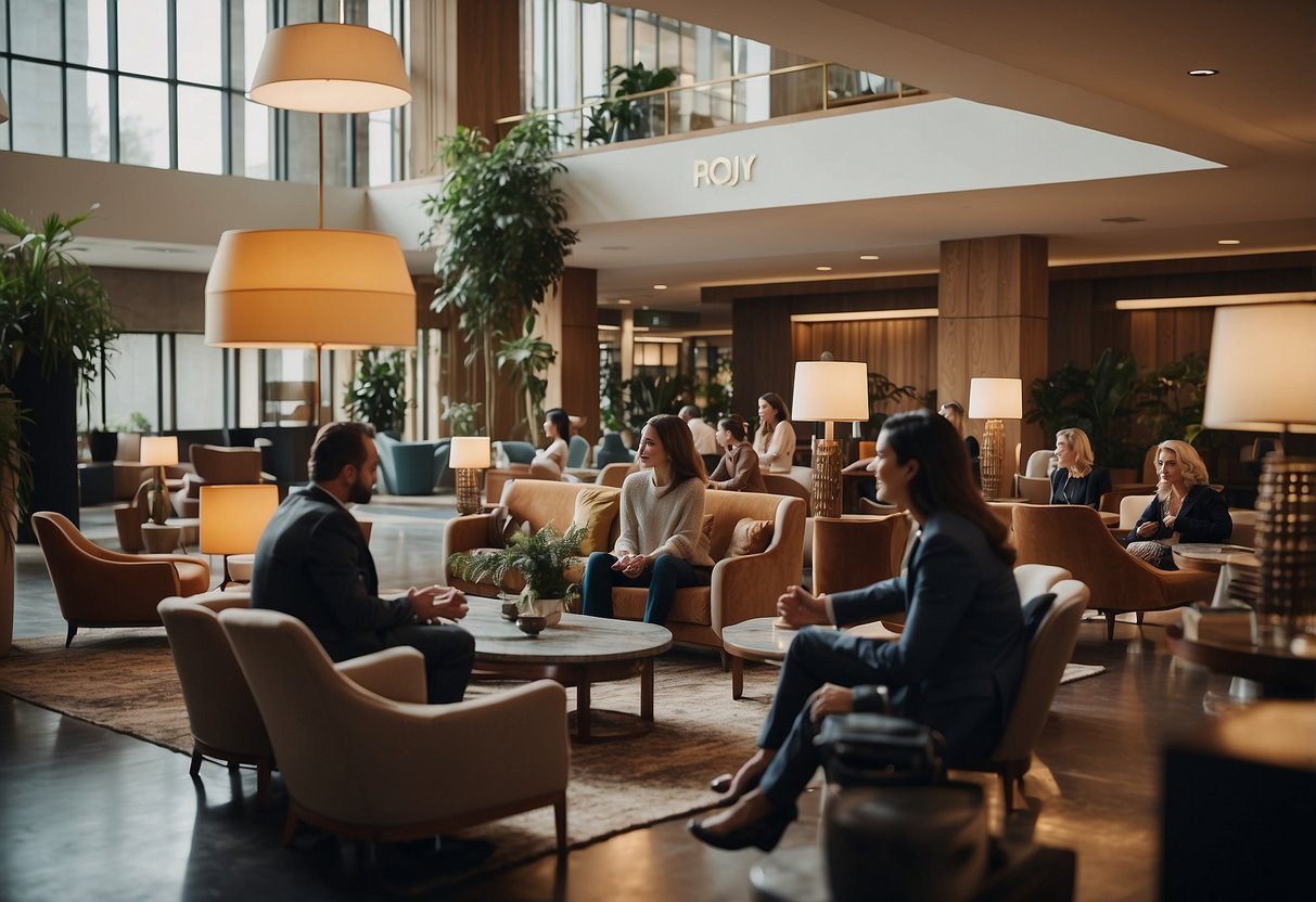 A bustling hotel lobby with guests interacting with stylish, modern furniture. A sign reads "Frequently Asked Questions" in bold letters