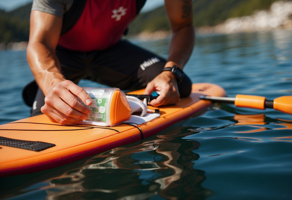 A person opening a compact first aid kit on a paddleboard, applying bandages and disinfectant to a minor injury