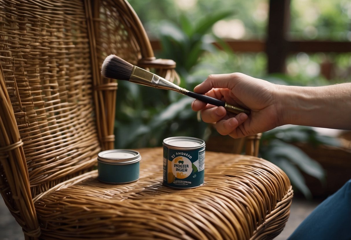 A person painting wicker furniture with a brush and can of paint