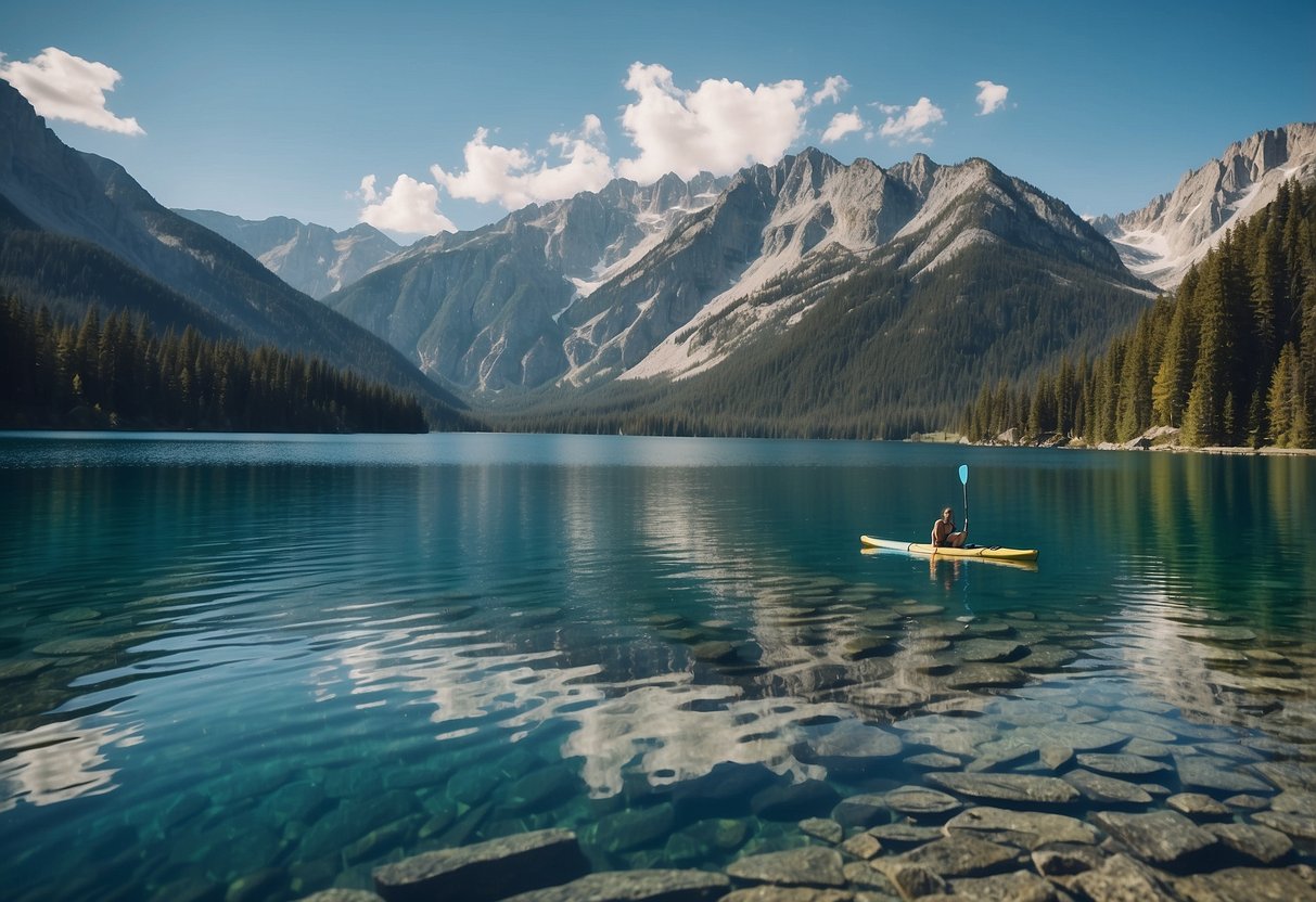 Crystal-clear alpine lake surrounded by towering mountains, with a paddleboard gliding across the serene water under a clear blue sky