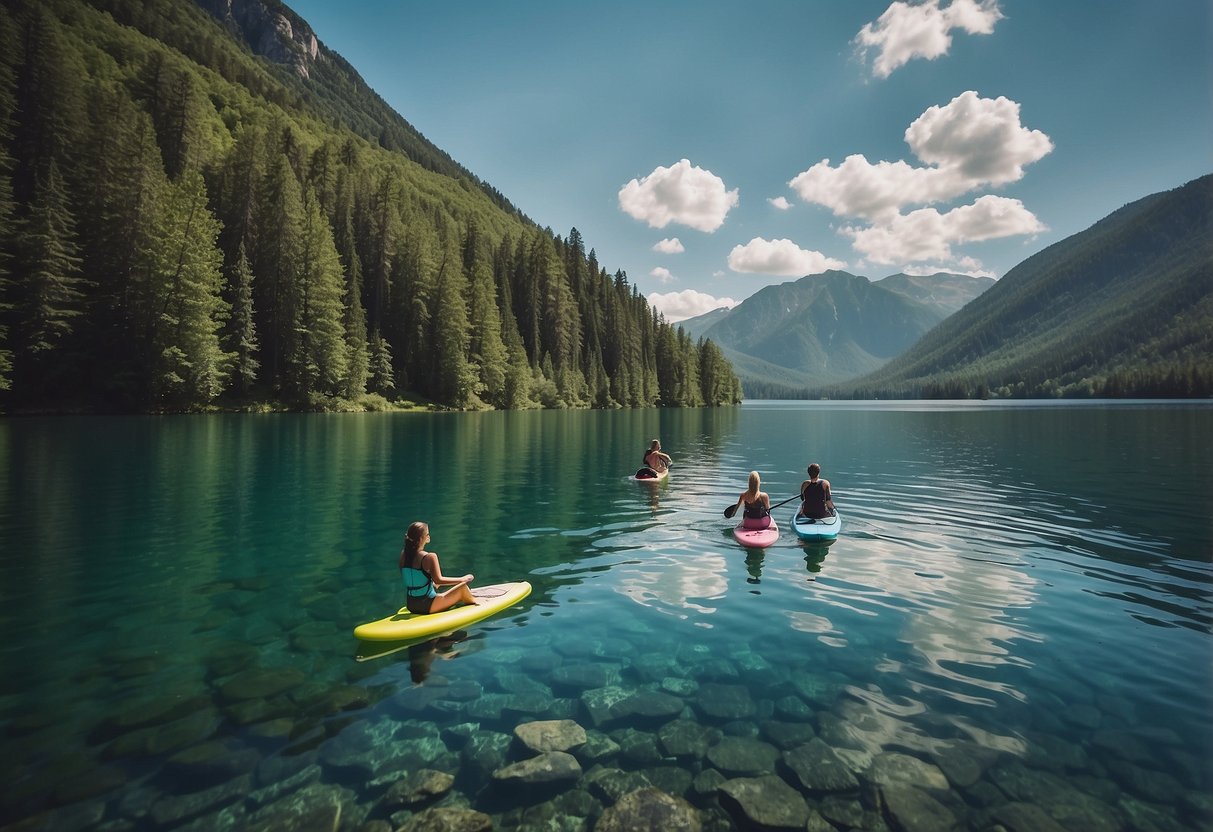 Clear blue lake surrounded by lush green mountains, with paddleboarders gliding on the calm water