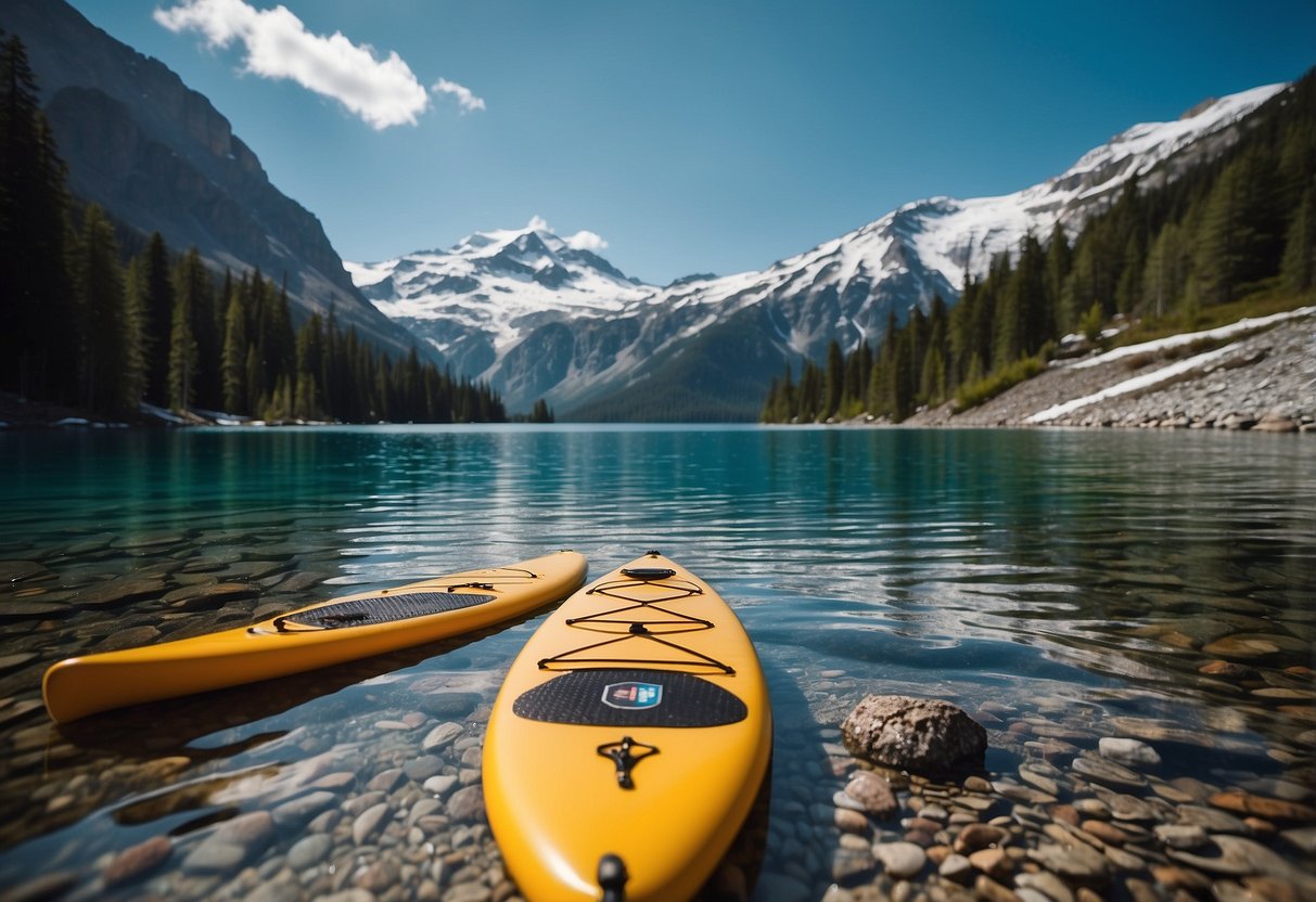 Crystal-clear alpine lake surrounded by snow-capped peaks. Paddleboard, paddle, life jacket, and waterproof gear laid out on the shore