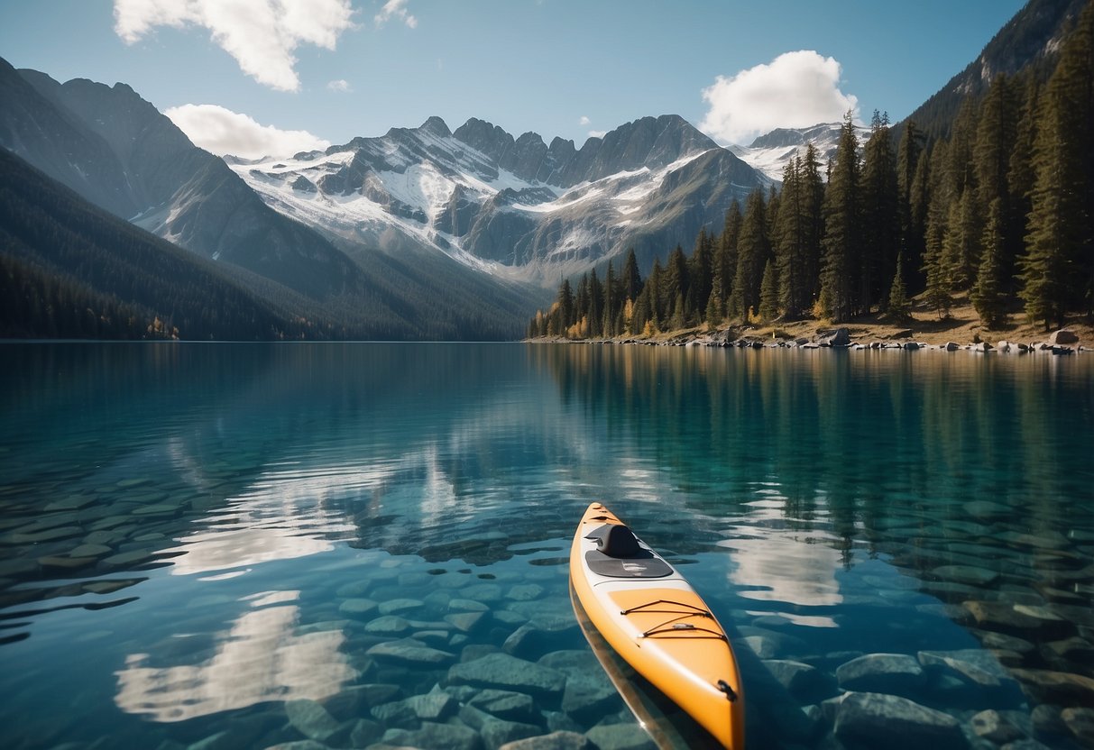 Crystal-clear alpine lake surrounded by snow-capped peaks. Paddleboard, life jacket, and paddle laid out on the shore. Blue sky and calm water