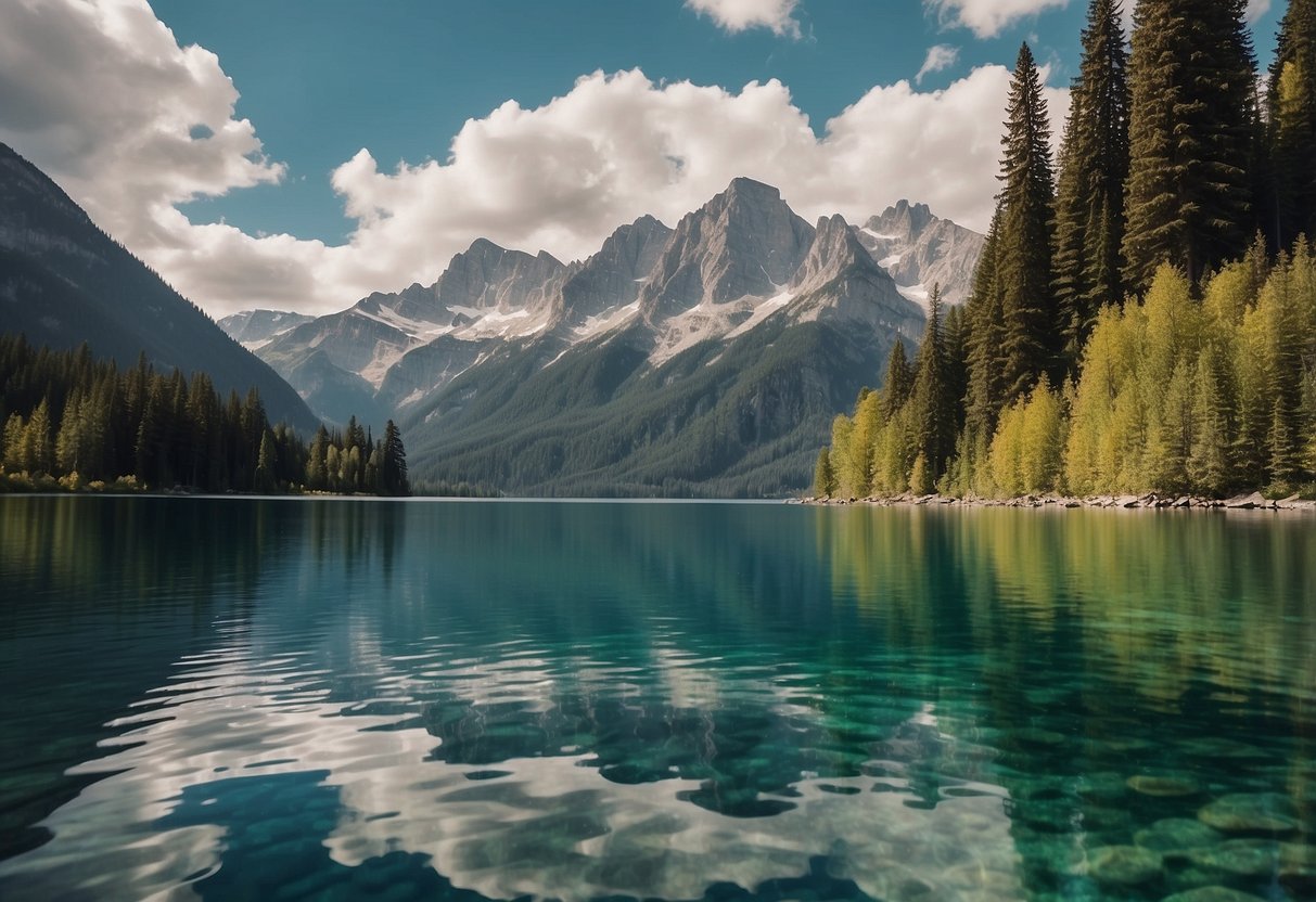 Crystal clear lake surrounded by towering snow-capped mountains. Paddleboarder glides through serene waters, passing lush green forests and picturesque alpine villages