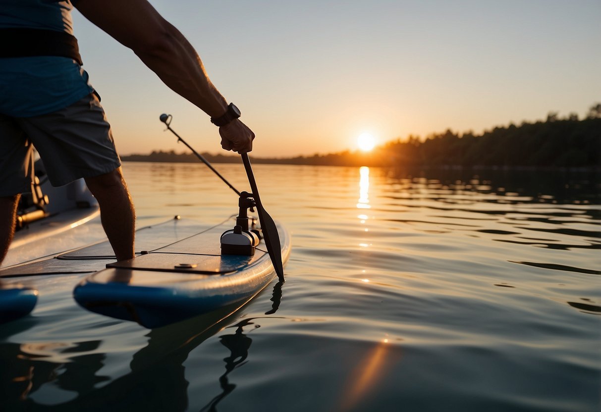 A paddleboarder holds a map and compass, gliding across calm waters. The sun sets in the distance as they navigate with precision