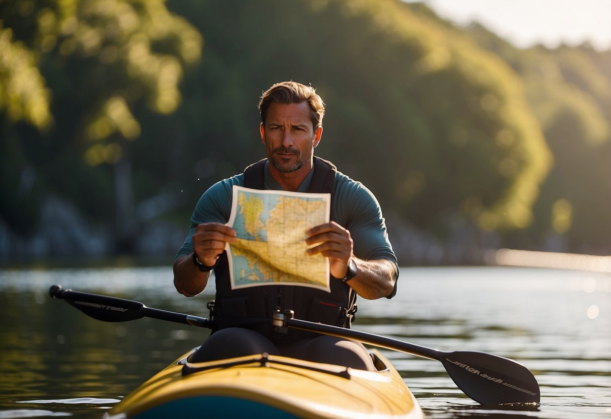 A paddleboarder holds a map and compass, planning their route. The sun shines overhead as they navigate the water, surrounded by peaceful nature