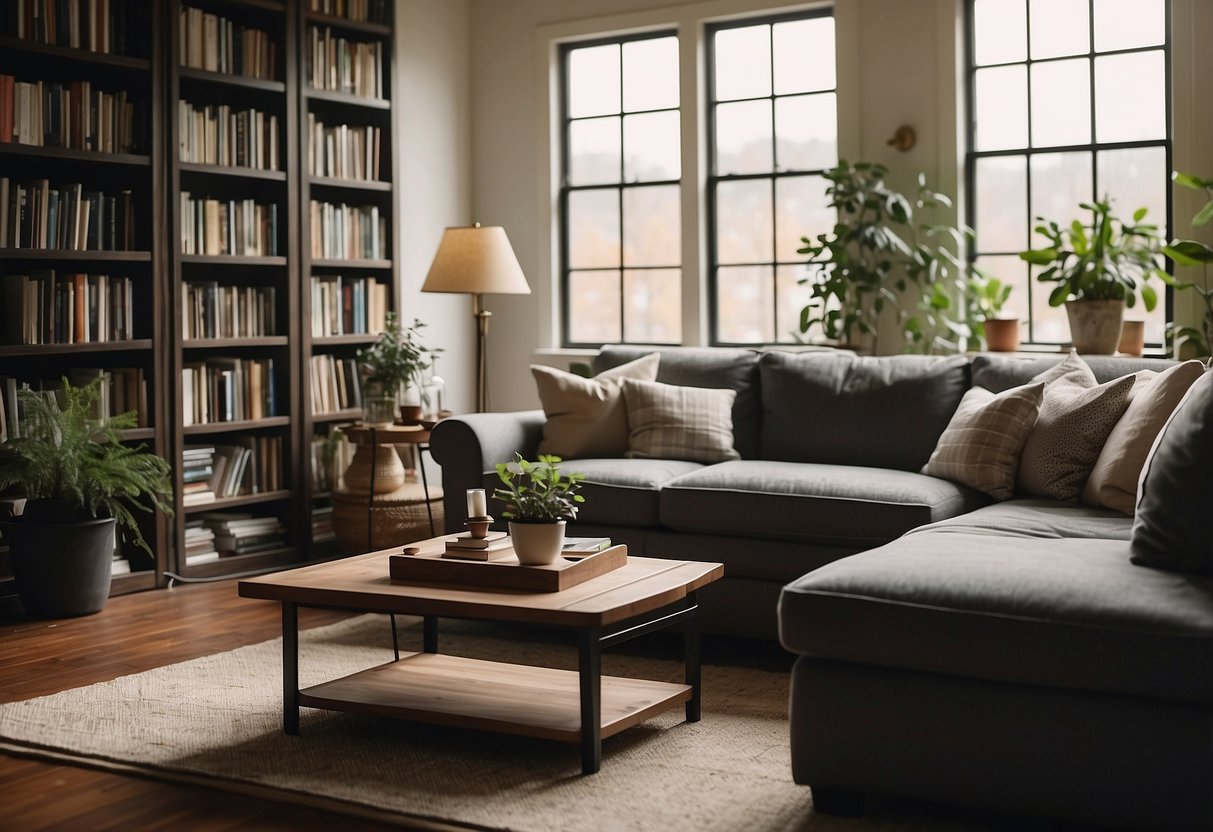 A cozy living room with a large, comfortable sofa, a coffee table, and a bookshelf filled with books and decorative items. The room is well-lit with natural light streaming in through the windows