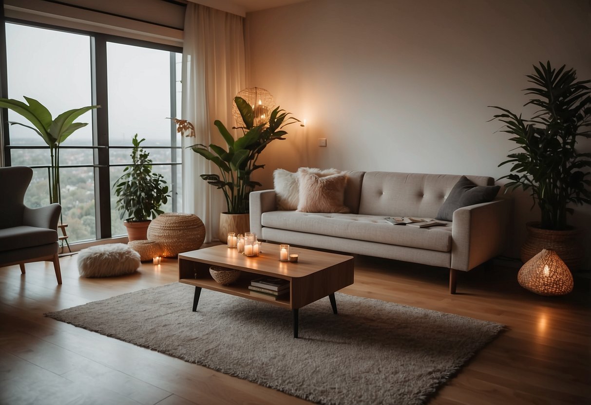 A cozy living room with modern, minimalist furniture and warm lighting. Books and plants add a touch of nature to the space