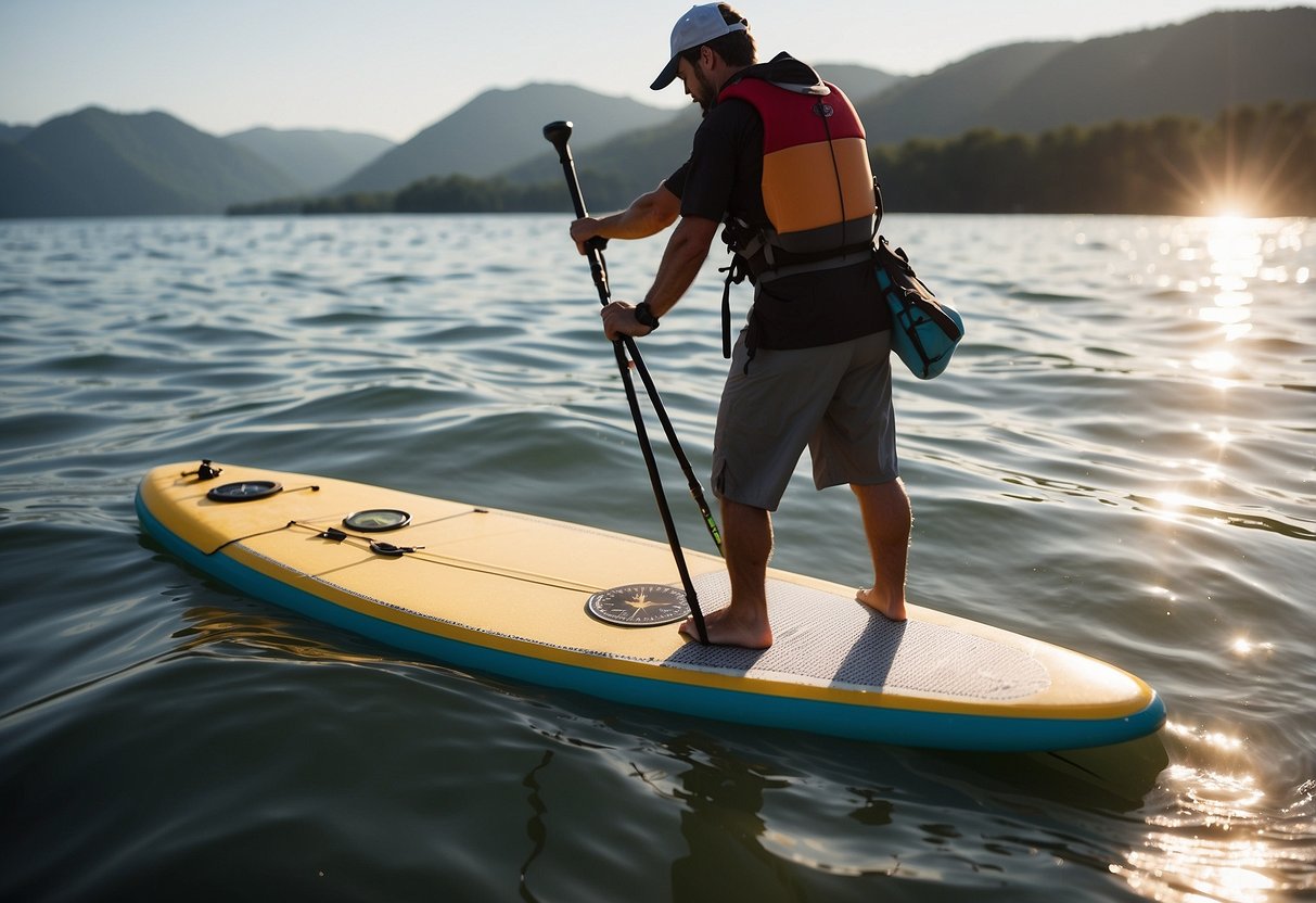 A paddleboarder uses a map and compass to navigate on the water. The sun is shining, and the water is calm as they carefully plot their course