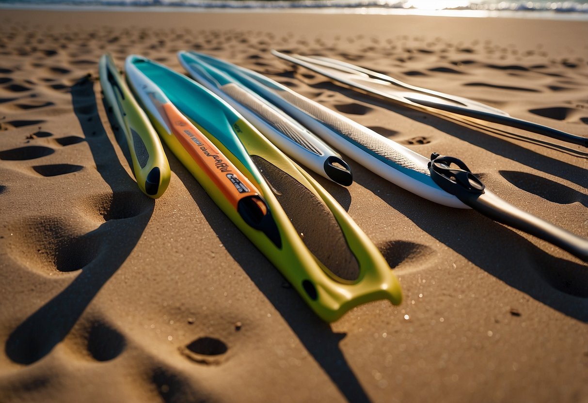 Five sleek paddleboarding rods lay on a sandy beach, glistening in the sunlight. The lightweight design is evident as they rest gracefully against each other, ready for an adventure on the water