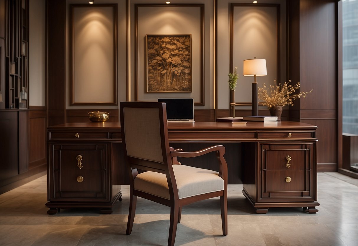 A room with huanghuali furniture: a sleek desk, ornate chair, and elegant cabinet. The warm wood glows in soft light, casting rich shadows