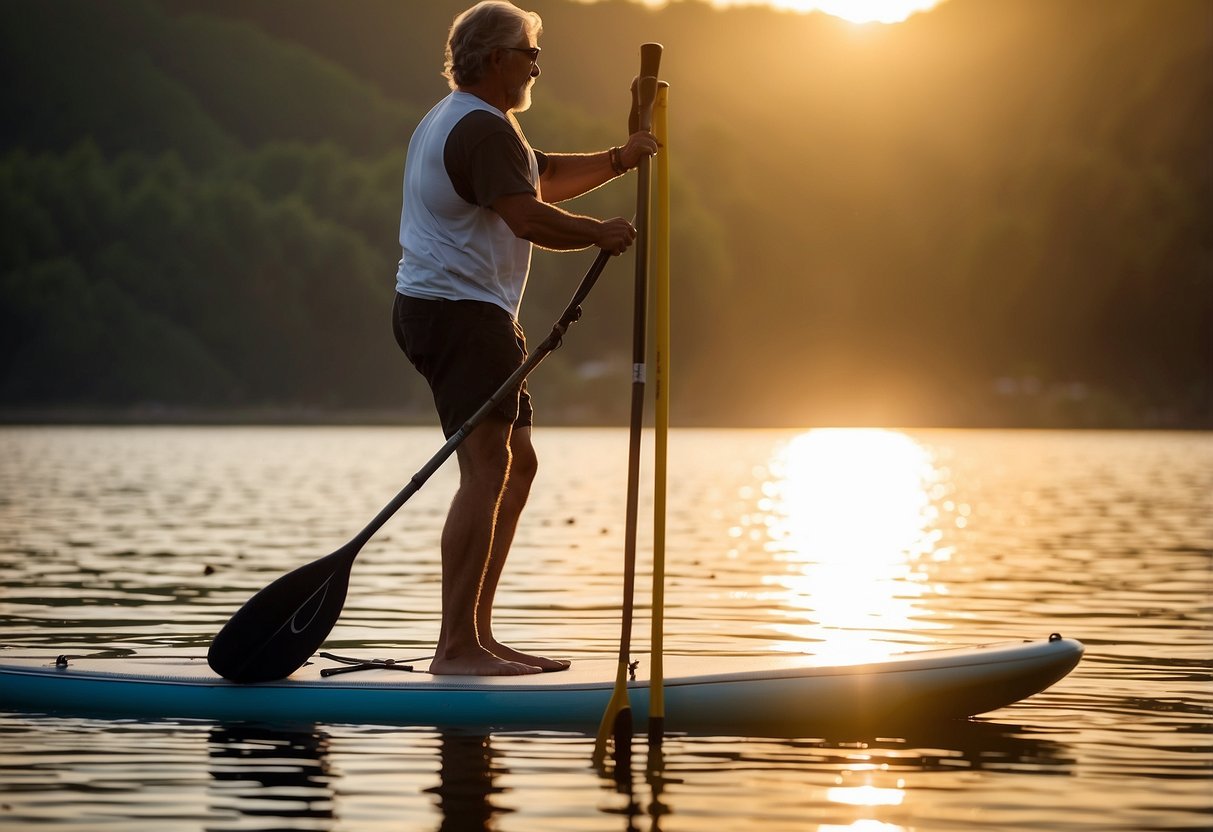 A person paddles a lightweight SUP with a sleek paddle on calm water. The sun shines down, casting a golden glow on the water