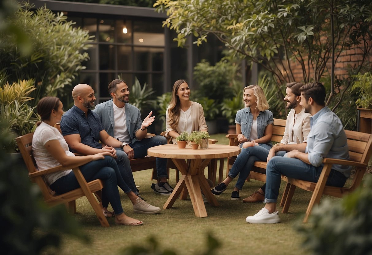 A group of people gather around a communal furniture set, asking and answering questions. The furniture is arranged in a welcoming and open manner, inviting conversation and interaction