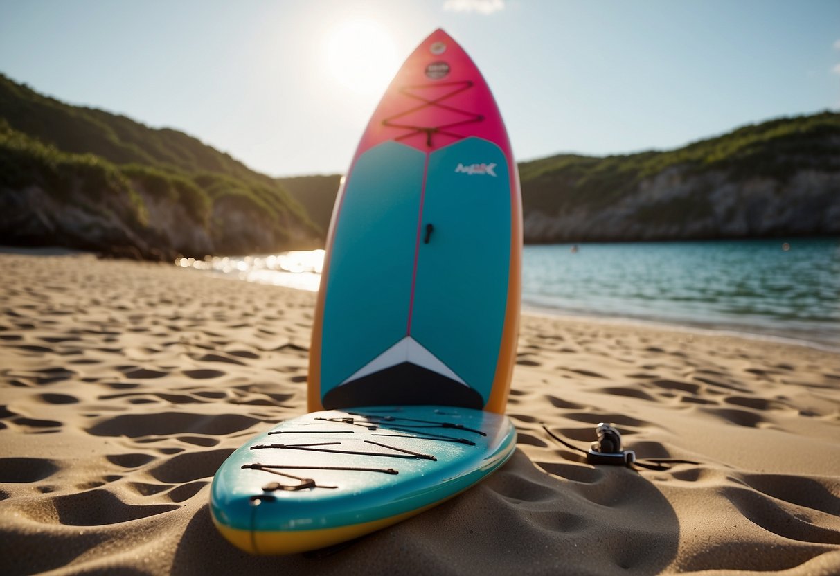 A bright, sunny beach with calm waters and a colorful paddleboard lying on the sand next to a lightweight paddle. The ocean stretches out in the distance, inviting for a peaceful paddleboarding adventure